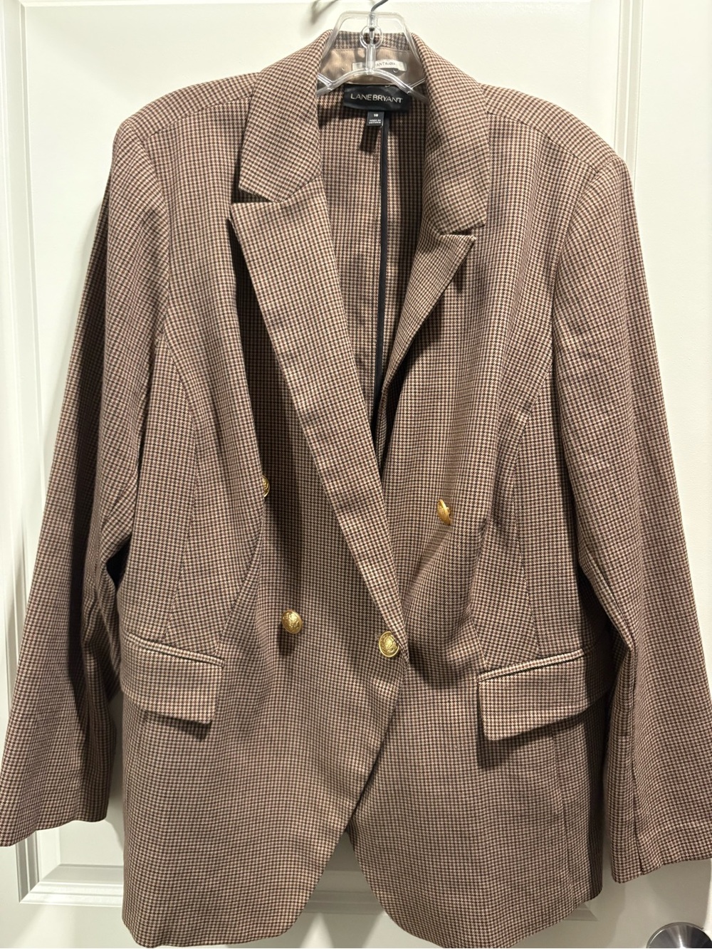Lane Bryant Brown Houndstooth Double-Breasted Blazer with Gold Buttons